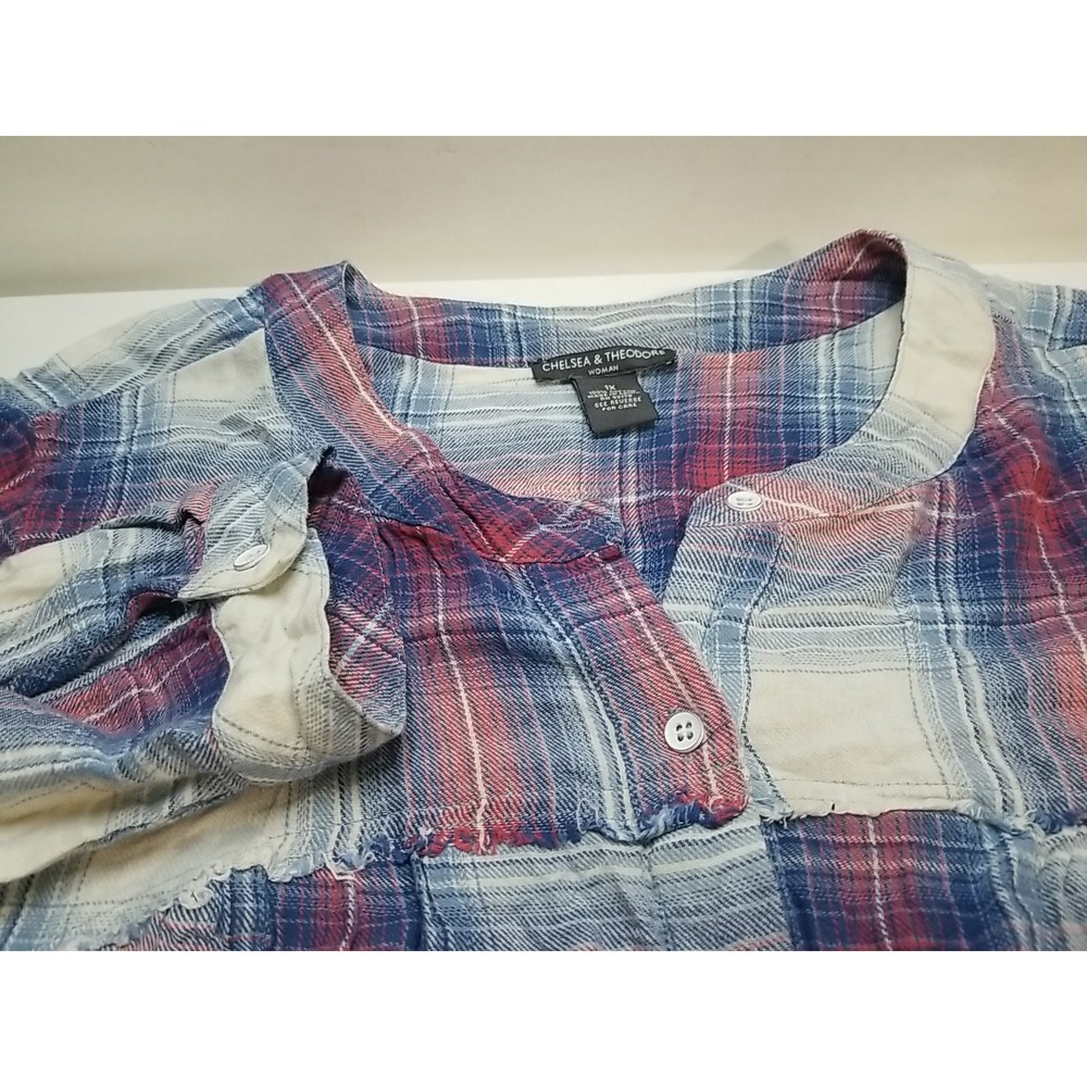 Chelsea & Theodore Womens Plaid 1X Button Up Long Sleeve Shirt Blue Red